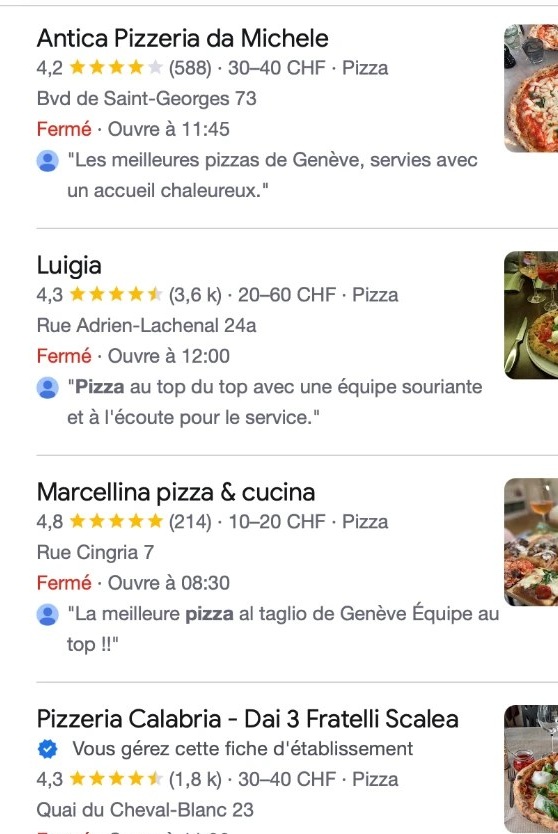 Résultats Google réels à Genève : Antica Pizzeria da Michele, Luigia, Marcellina et Pizzeria Calabria, avec notes, avis et horaires